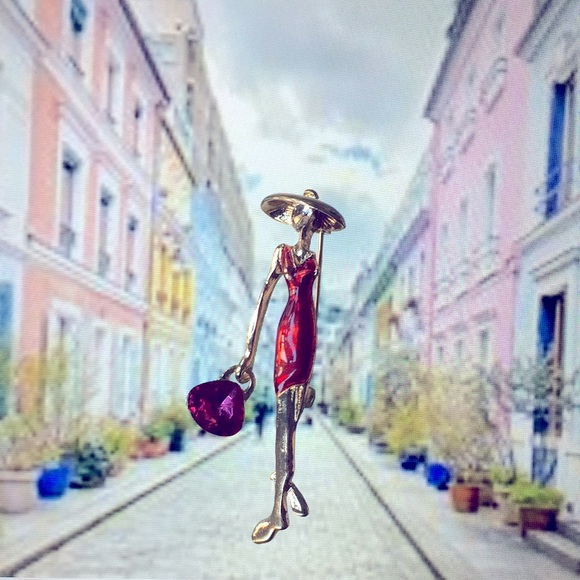 ๐50% OFF/3+...Lady in Red Dress and Dangling Purse Brooch - Picture 1 of 5